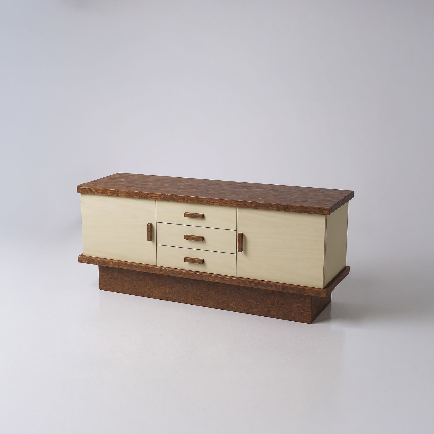 Wooden sideboard with cream-colored doors and drawers on a white background