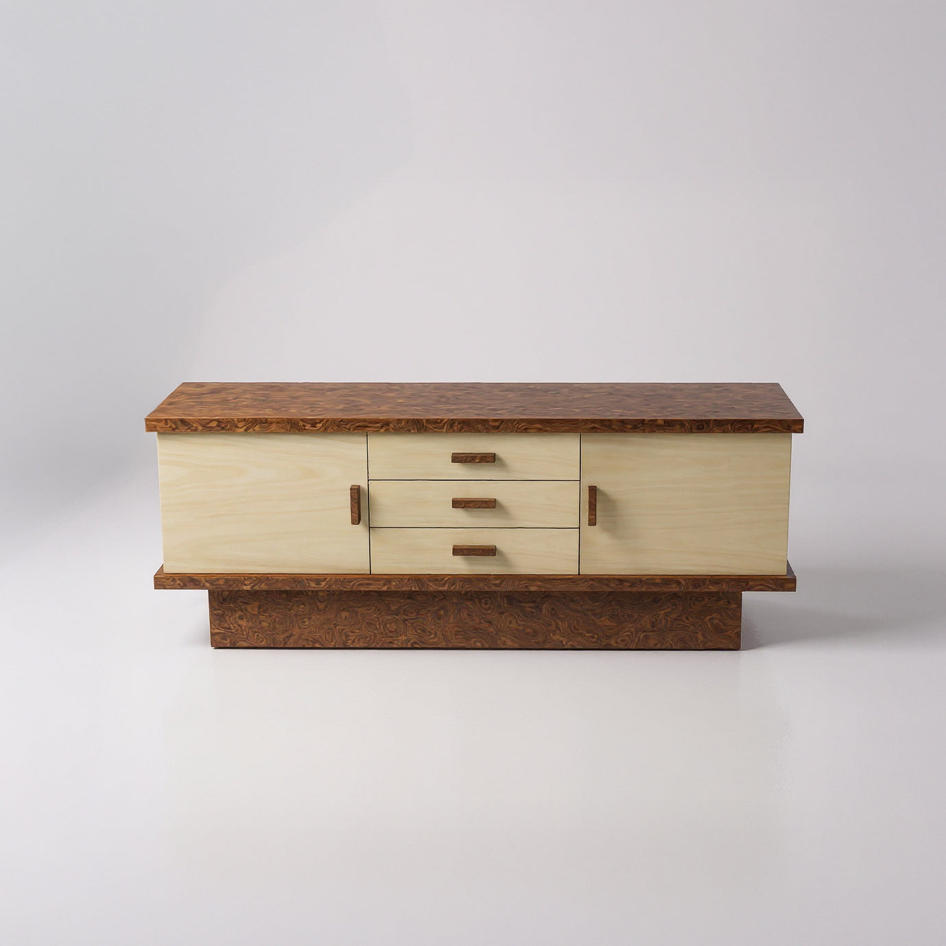 Wooden sideboard with cream-colored panels on a white background
