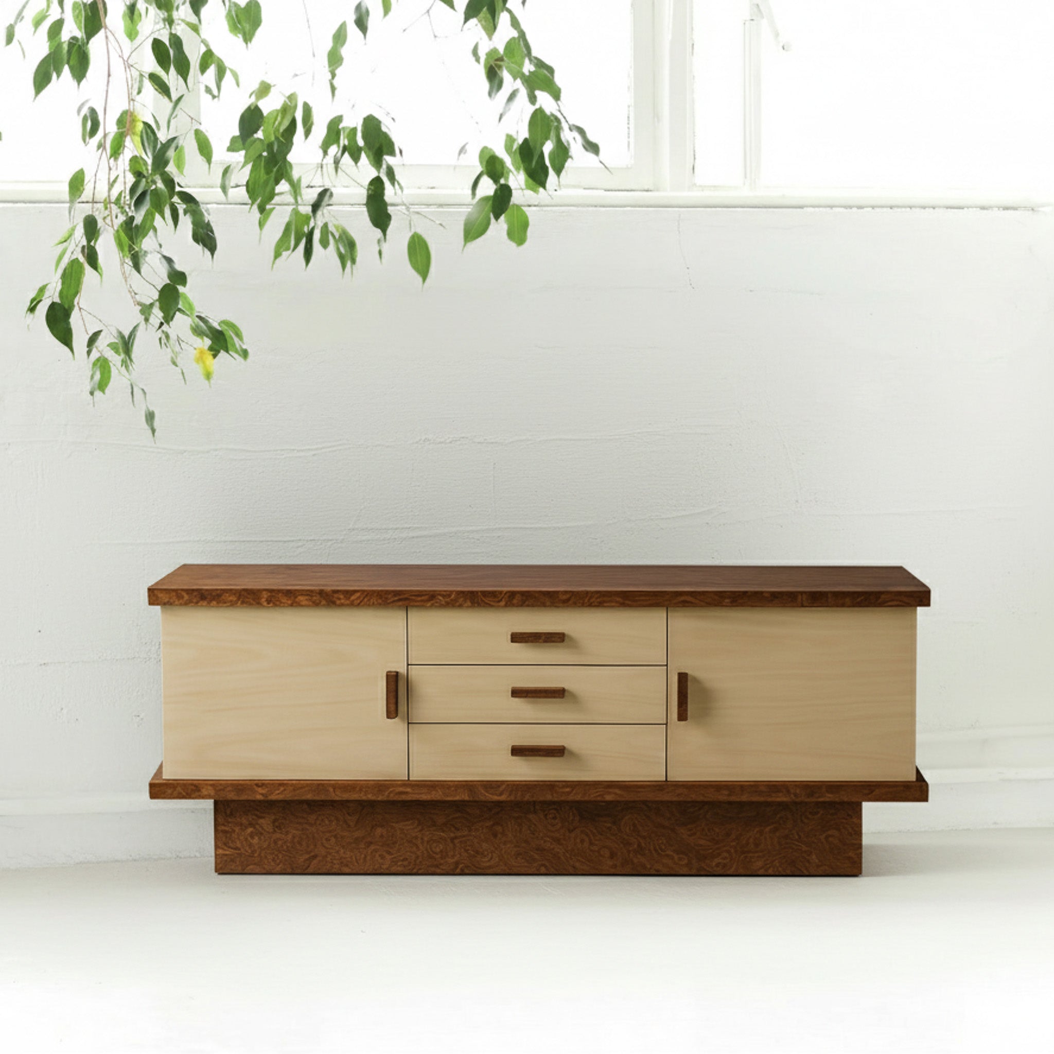 Wooden cabinet with a plant on a white background